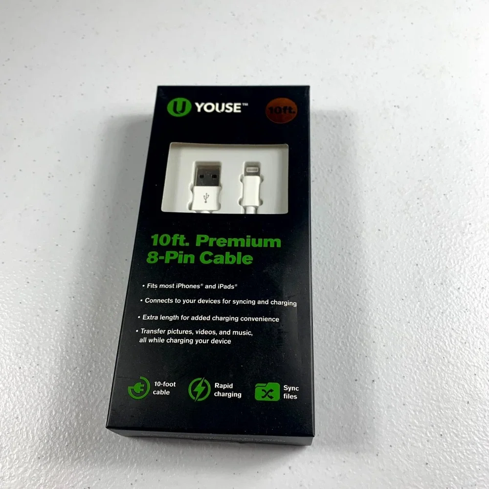 Youse 10ft Premium 8‑Pin USB Charging Cable for iPhone‎ & iPad White